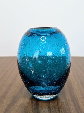 Bright Blue Blown Bubble Glass Round Egg Shaped Vase